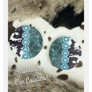 NEW Two Piece Trendy in Turquoise Concho Southwestern Stoneware Car Coas…